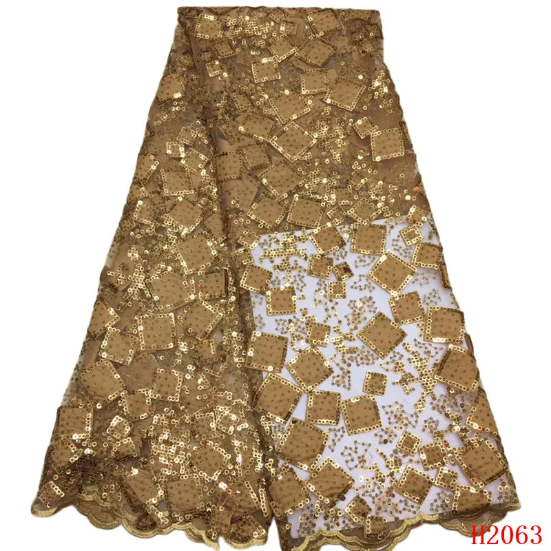 

2019 New arrival Sequin lace fabric Latest French mesh high-quality African lace fabric Golden color Nigerian hot sale HJ2063-1