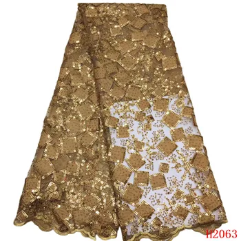 

2019 New arrival Sequin lace fabric Latest French mesh high-quality African lace fabric Golden color Nigerian hot sale HJ2063-1