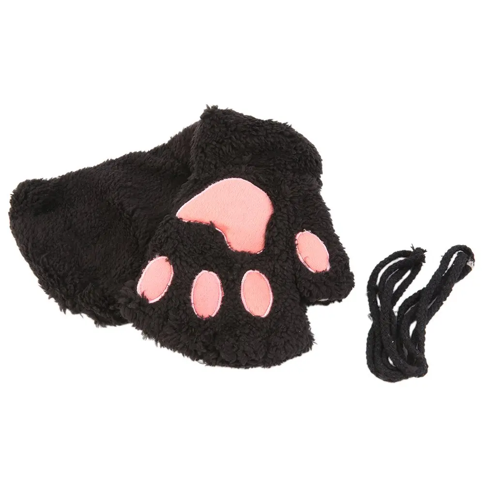 Зимние теплые перчатки без пальцев, супер милые плюшевые перчатки, женские перчатки с изображением медведя, кошки, животных, когтей, перчатки для девочек - Цвет: Black 1