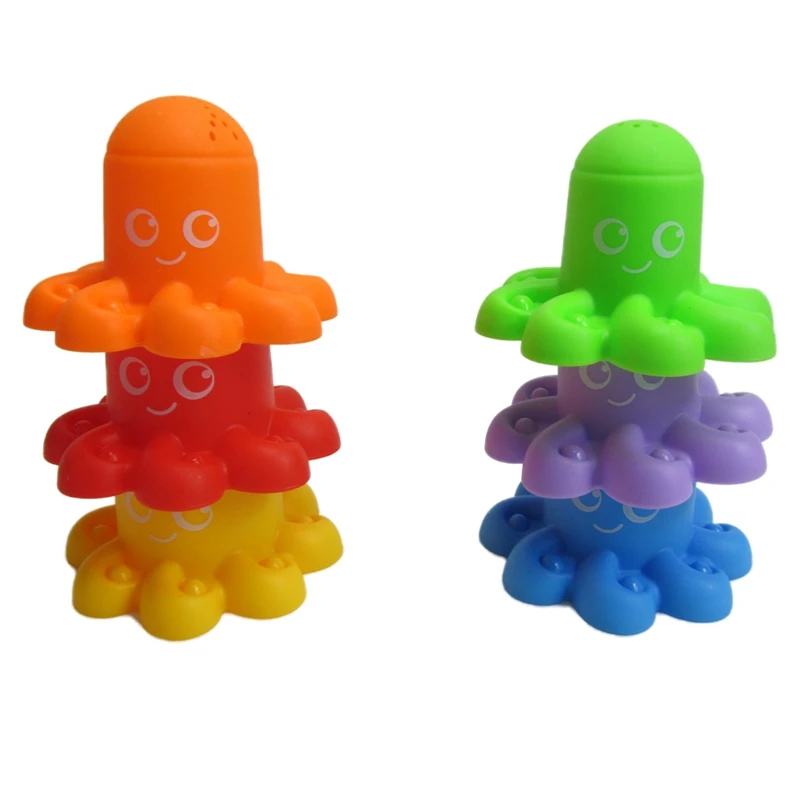6 Pcs Baby Bath Toys Cartoon Animals Small Plastic Water Toy Fun Kids Bath Toy Set Octopus Stack Cup Bathroom Water Toys