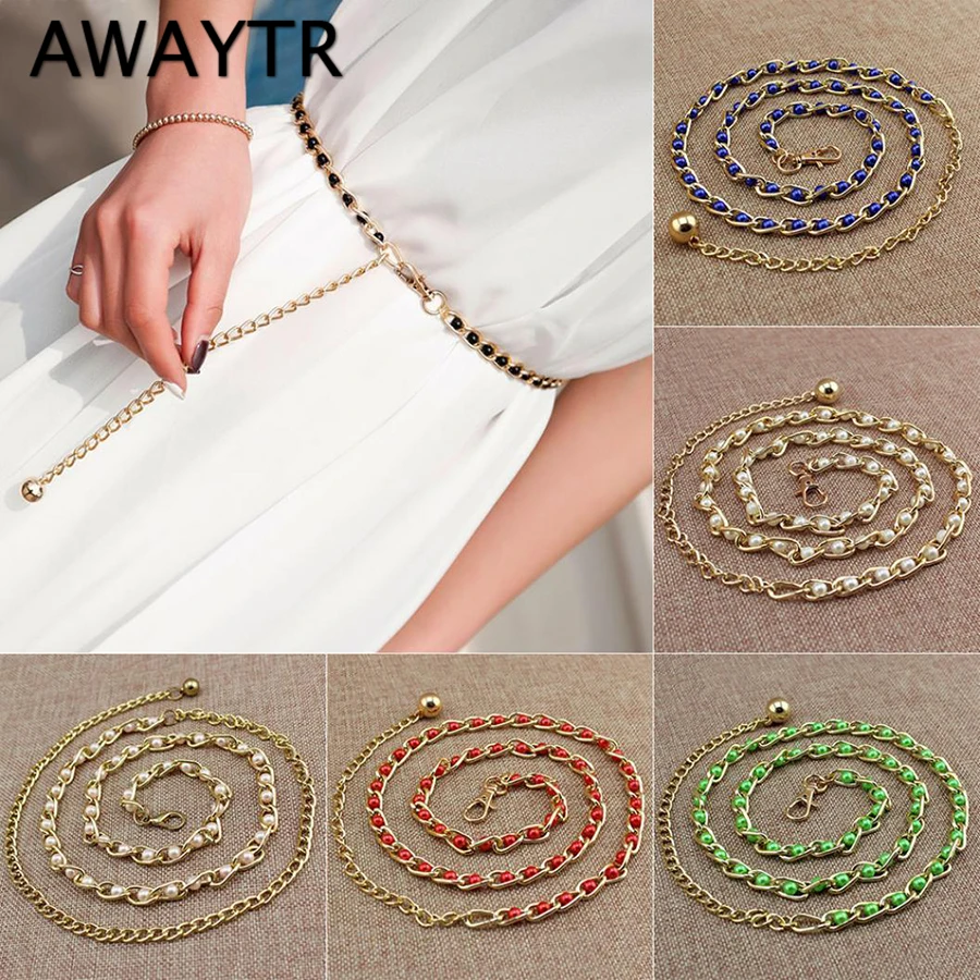 

AWAYTR Fashion Pearl Women Belt For Dress Female Belt Alloy Waist Band Chain Wild Thin Pearl Girls Accessories Party Wedding