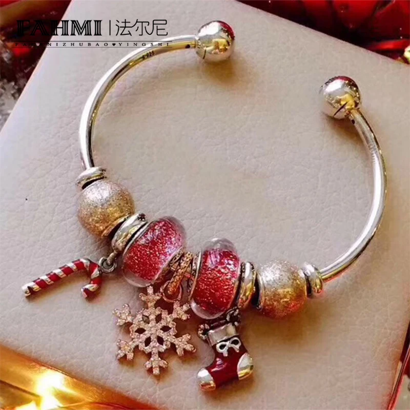 

FAHMI 100% 925 Sterling Silver Winter Christmas Bracelet Set Snowflake Cane Christmas Socks Glamour Women Original Jewelry