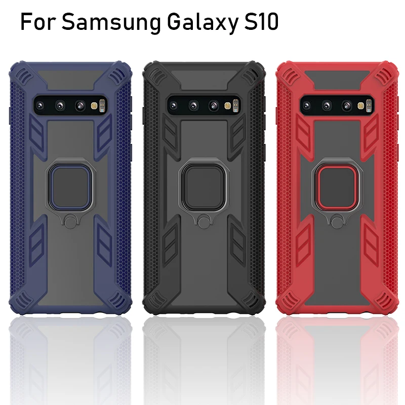 

Shockproof Armor Kickstand Phone Case For Samsung Galaxy S10 GalaxyS10 Magnetic Finger Ring Holder Anti-Fall Cover Soft Edge