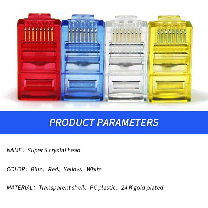 

Cat5e RJ45 Connector Pure Copper 8P Modular Ethernet Cable Head Plug Gold-plated Cat 5e Crimp Network RJ 45 Connector Cat5