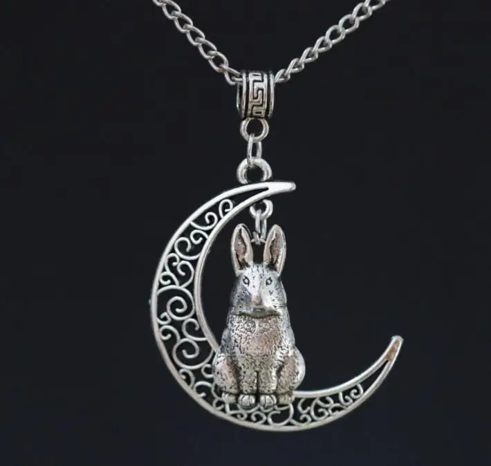 New Crescent Moon & Hare Rabbit Bunny Pendant Ancient Silver Charms