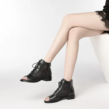 

2019 Genuine Leather hollow summer mesh boots women Open toe flat ankle boots woman sandals Breathable Female Footwear