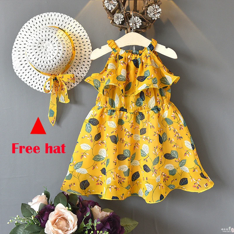 

Girls Dresses 2019 Summer Beach Dress For Girls Casual Bohemian Princess Dresses Children Clothing 3-8 Years Kid dress Free hat