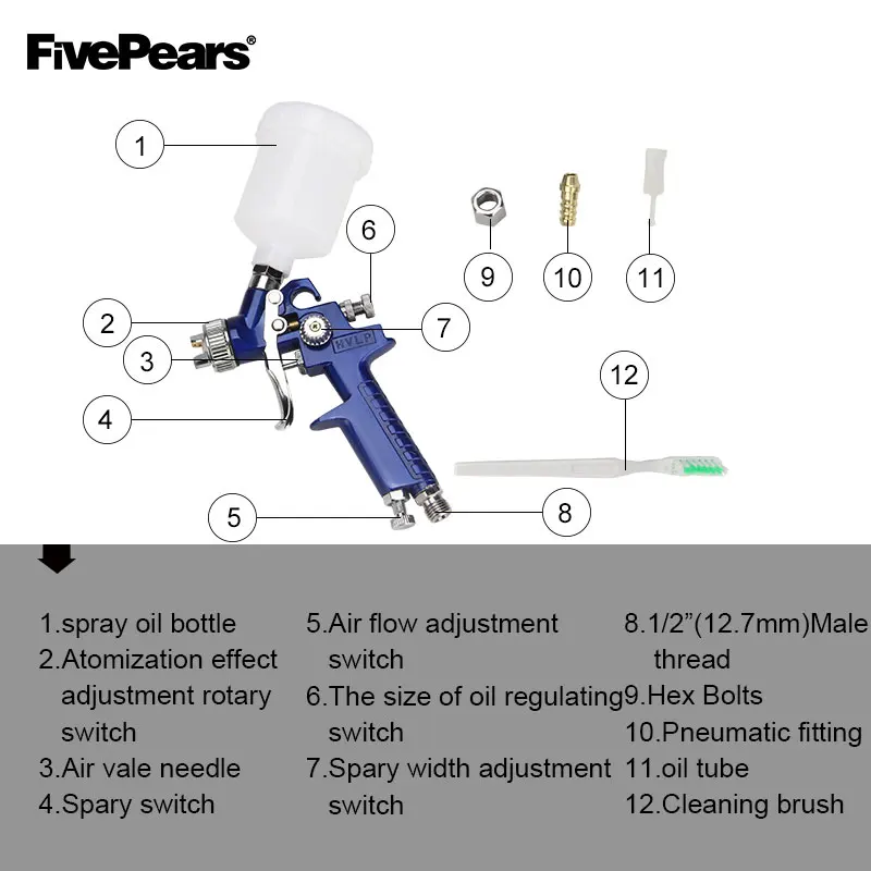 FIVEPEARS H-2000 HVLP распылитель 0,8 мм сопло профессиональные мини воздушные краскопульты Аэрограф для окрашивания автомобиля аэрограф