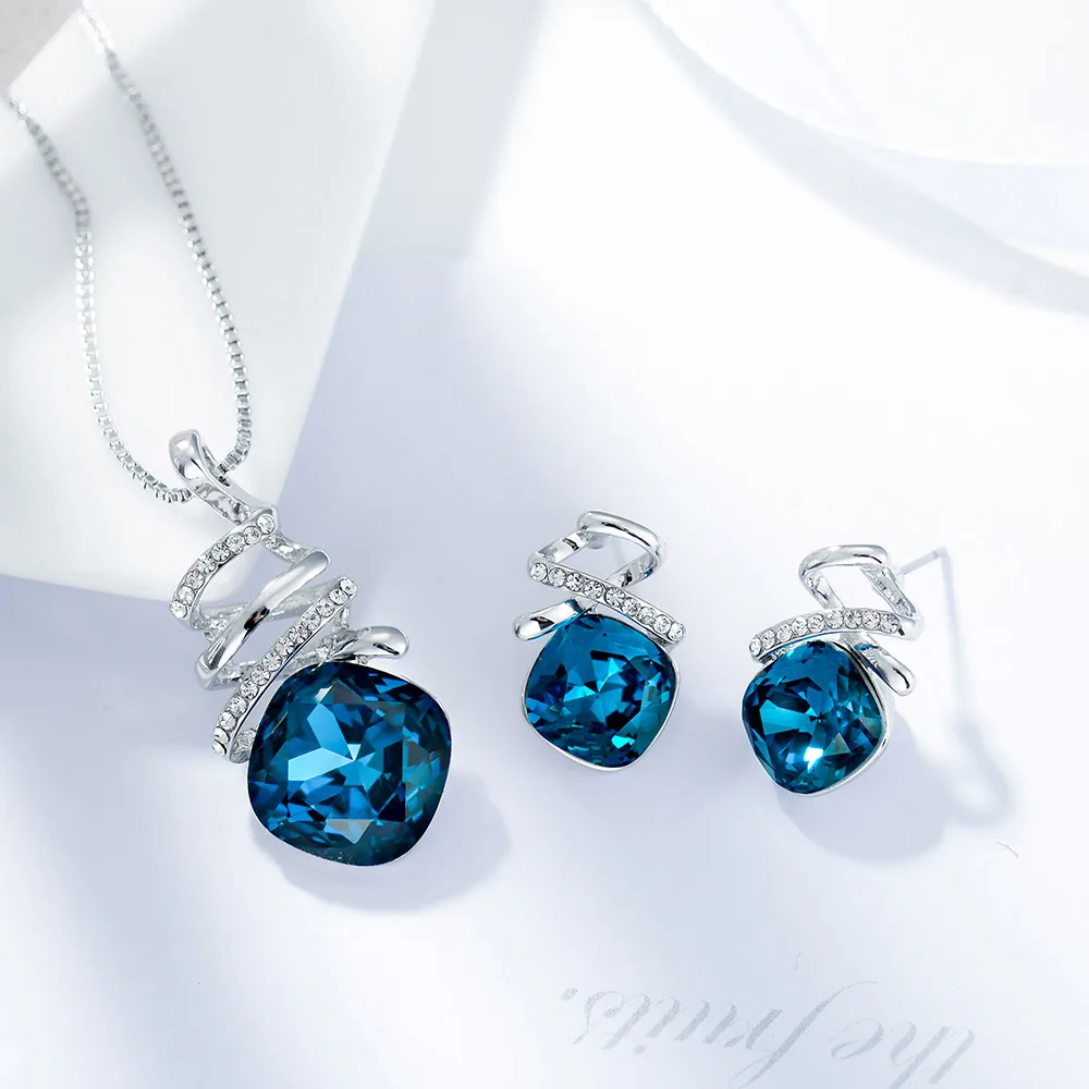 Комплект из колье и серёг с синим кристаллом|jewelry sets for women|crystal jewelry setjewelry |