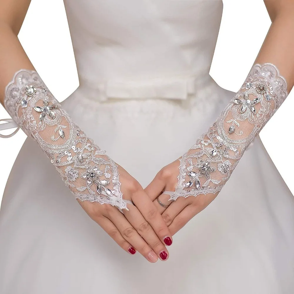 

2019 New Cheap 1 Pair Wedding Gloves For Bridal Crystal Beaded Fingerless Wedding Accessories Barato novia