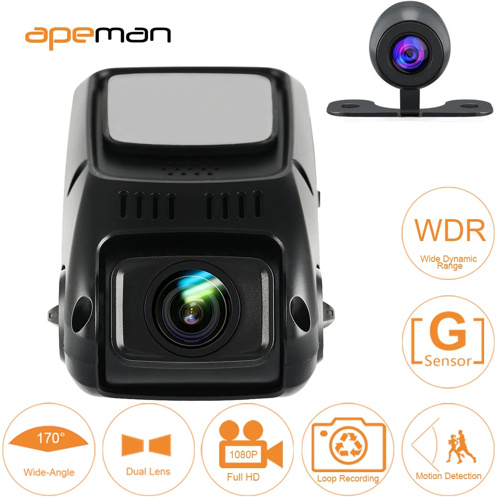 APEMAN Cámara de Coche Dash CAM Full HD 1080P Dual Lens 170°Gran ángulo WDR Visión Nocturna Dashcam con G-Sensor Loop de Grabación detección de Movimiento Camaras