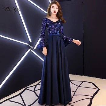 

weiyin Navy Blue Long Evening Dress 2020 New V-Neck Women Elegant Sequin A-Line Evening Party Gown Dress WY1152