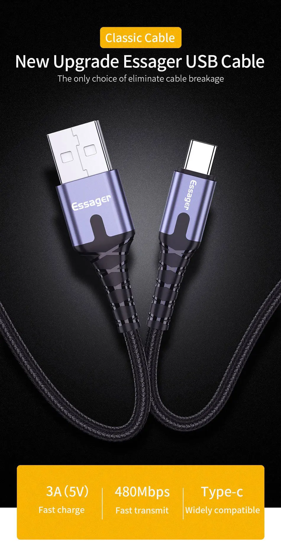 Essager светодиодный кабель usb type C 3 м кабель для быстрой зарядки кабель usbc для Xiaomi K20 samsung Oneplus 7 Pro мобильный телефон USB-C зарядное устройство