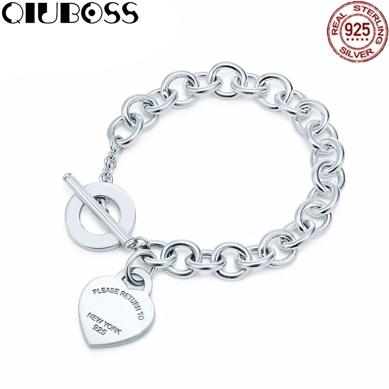 

QIUBOSS TIFF 925 Silver Heart Tag Bracelet Buckle New Bracelet To The Woman Design Gifts