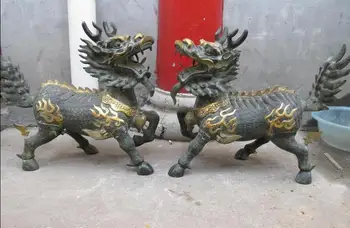 

18" Chinese Copper Palace Guardian Dog Lion Dragon Kirin Chi-lin Pair