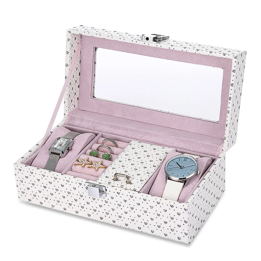 High Quality Watch Box Jewel Windowed Organizer Storage Bracelets Rings Earrings Holder Shining Heart Pink Organizer Watches Box (7)