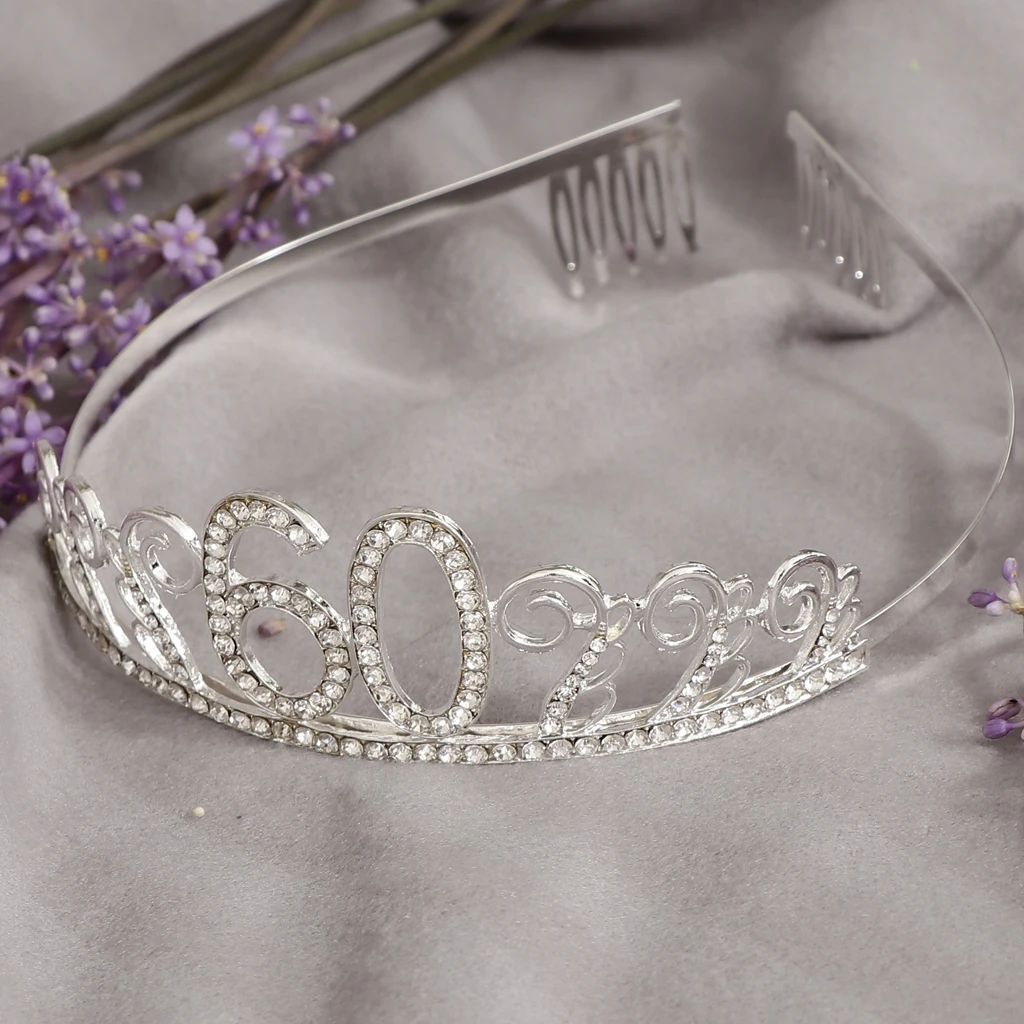 Silver Crystal Rhinestone Tiara Birthday Anniversary Crown Headwear Age 40 60