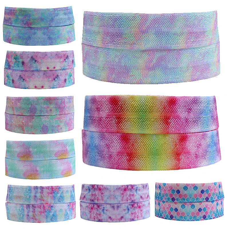 

(50 yards/lot) New arrival watercolor rainbow ombre printed fold over elastic for kids hair bands