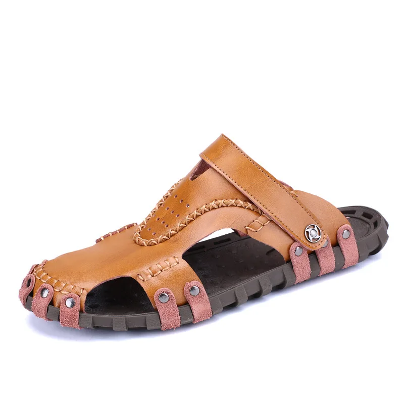 

2019 New Leather Breathable Hollow Men's Sandals British Leather Outdoor Beach Shoes Roman Baotou Casual Slip