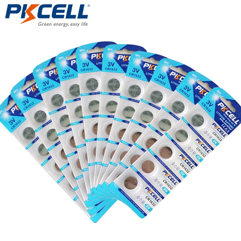 

50Pcs Pkcell CR1632 BR1632 ECR1632 3V Button Cell Coin Battery for Watch Calculator