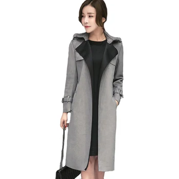 

2018 Fashion Women Autumn Winter Suede Long Trench Coat Ladies Plus Size Brief Overcoat with Belt Slim Windbreaker Outwear F488