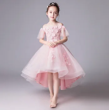

Caustom made lace petal short sleeve children girls party dress front short back long
