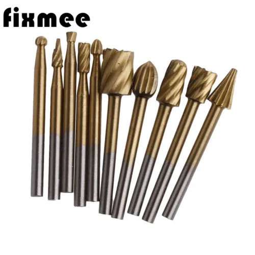 Fixmee 10pcs Titanium Dremel Routing Wood Rotary Milling Rotary File Cutter Woodworking Carving Carved Knife Cutter Tools Fixmee 10pcs Titanium Dremel Routing Wood Rotary Milling Rotary File Cutter Woodworking Carving Carved Knife Cutter Tools