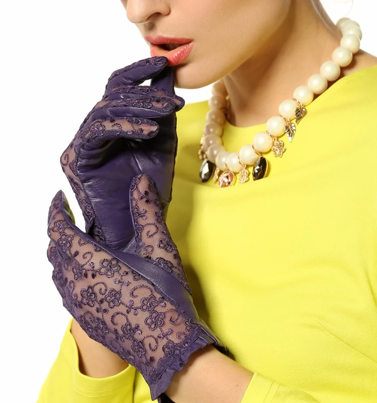 Модные женские перчатки с кружевами на запястье из овчины, однотонные перчатки из натуральной кожи, солнцезащитные перчатки для вождения без подкладки, L095N