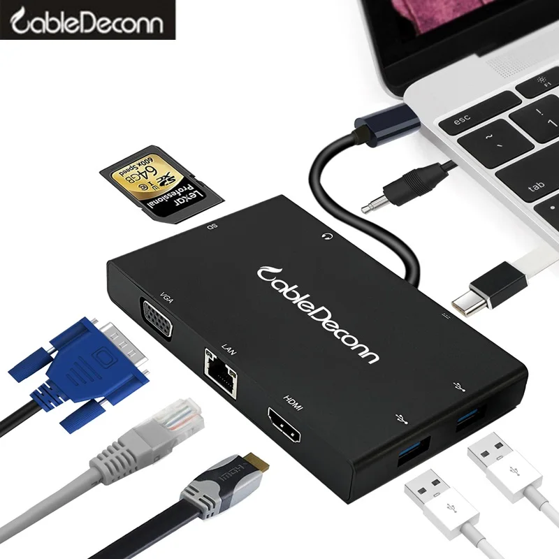 Usbc hdmi rj45 ethnernet vga Thunderbolt 3 hub usb3.0 usb3.1 зарядка 5 мм аудио порт адаптер для macbook pro 2017 Xiaomi