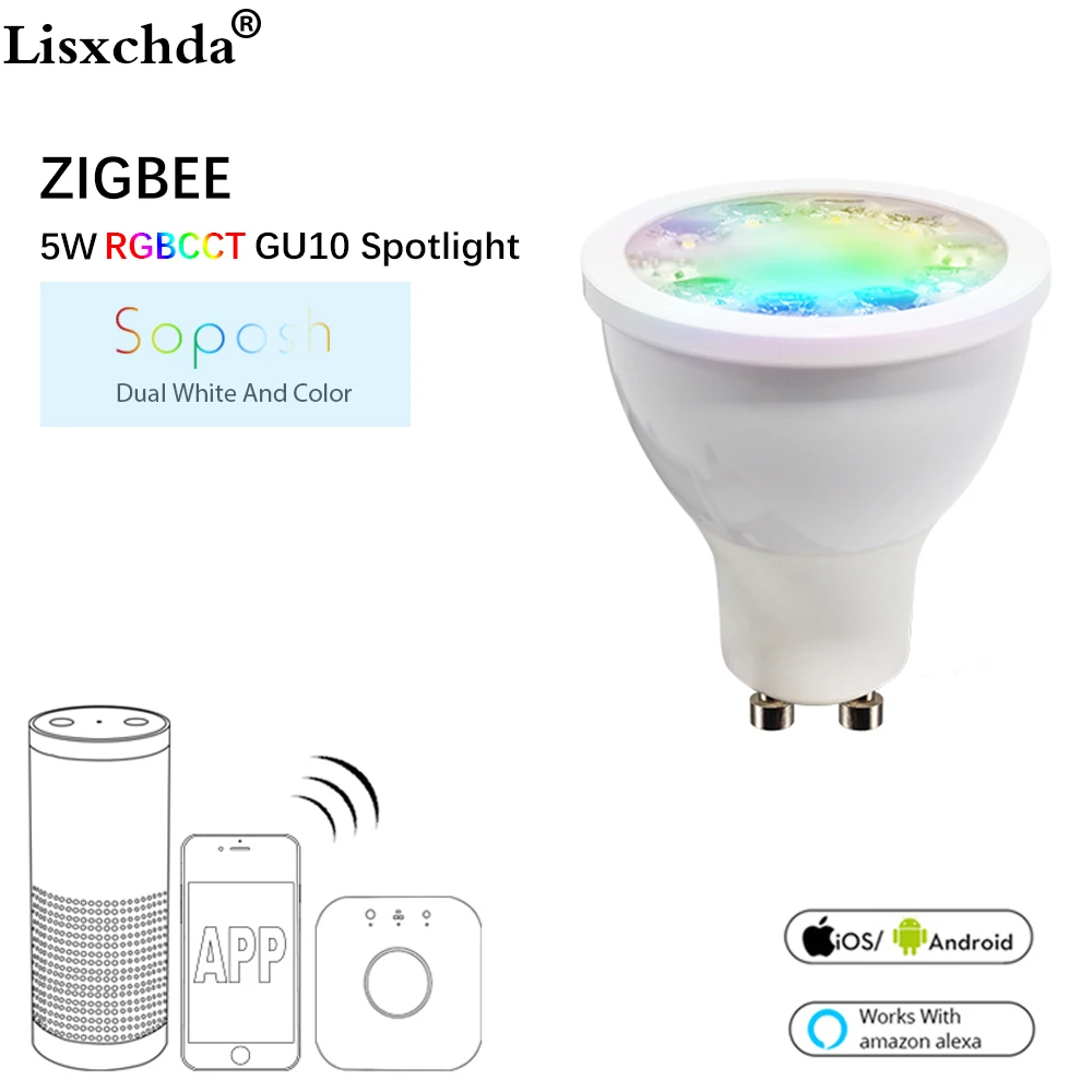 

SOPOSH rgb + dual white 5W GU10 bulb RGBW/CW 2700-6500K LED spotlight AC100-240V zigbee zll work with alexa puls led