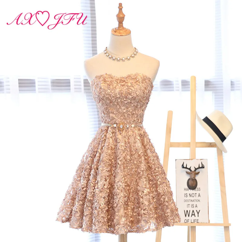 

AXJFU little flower lace evening dress beading flower sashes pearls lace short evening dress princess crystal evening dress
