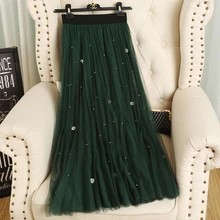 Сезон: весна–лето Высокая Талия работы из бисера Длинные юбки из сетки Для женщин Сладкий шарик работы длинные юбки из сетки Для женщин длинные кружевные юбки