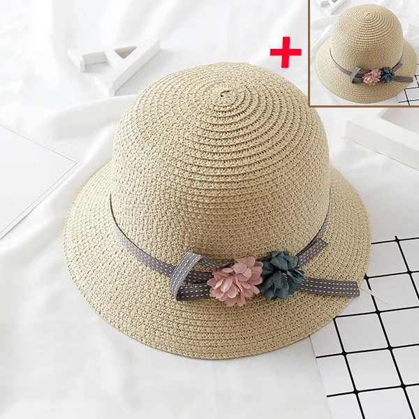 hat beige sakura 2 шт., женская соломенная шляпа с бантом и цветочным принтом, с широкими полями для родителей и детей, шапка для пляжа, YS-BUY - Цвет: hat beige sakura