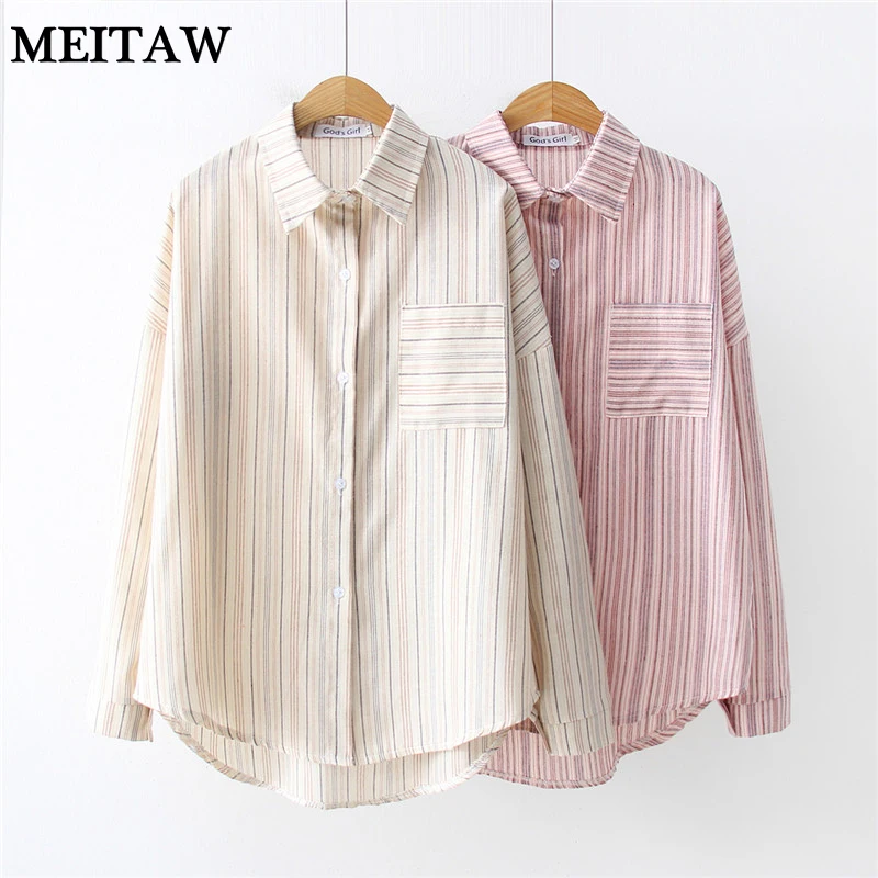 

Vintage One Pocket Striped Blouse Shirt 2019 Casual Long Sleeve Chic Shirt Blusas Plus Size Autumn Blusas Tunic