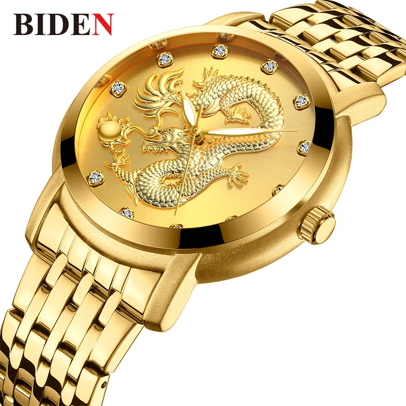 Часы Для мужчин Элитный бренд 2018 золотистый и черный Нержавеющая сталь уникальный Дизайн Дракон Для мужчин кварцевые часы