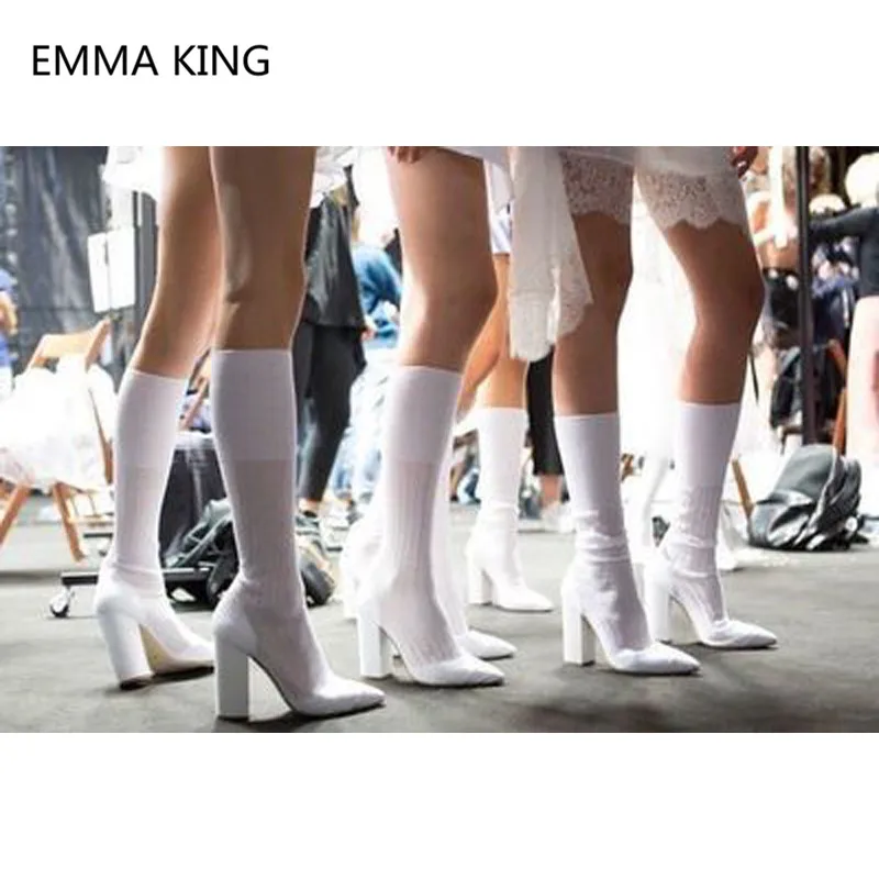 

2019 New Women Winter Stretch Socks Boots Pointed Toe Chunky High Heels Slip On Ladies White Runway Shoes Woman Knee High Boots