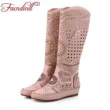 FACNDINLL/модные высокие сапоги из натуральной кожи; сезон весна-лето-осень; сапоги до колена с металлическими элементами; женские повседневные ботинки с вырезами