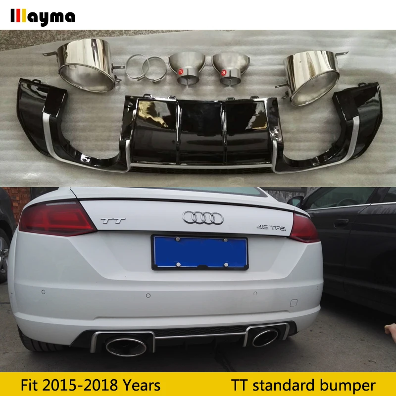

TTRS style PP Rear bumper Lip Diffuser With Stainless steel Exhaust Tips For Audi TT Standard bumper MK3 2015-2018 year 7 piece