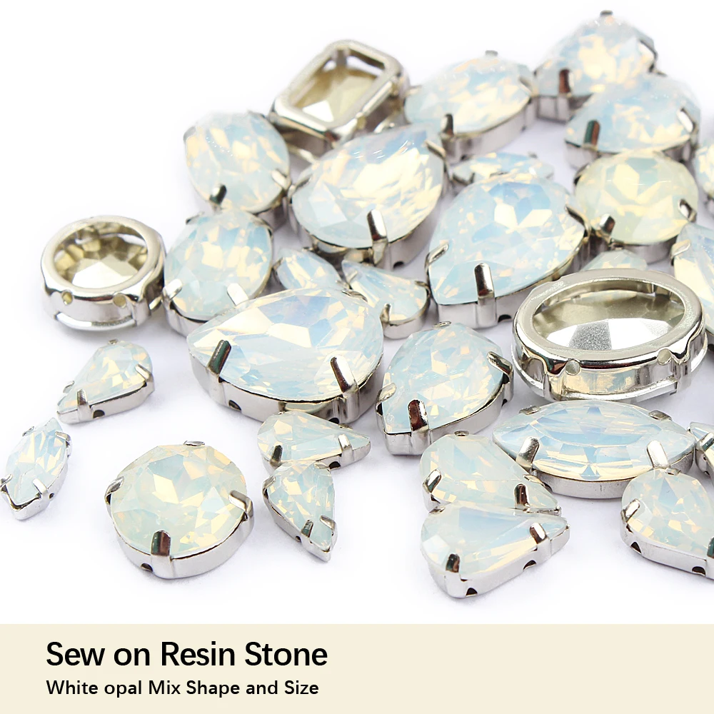 

Mix Sizes White Opal Sewing On Rhinestone Sewing Resin Crystal With silver Claw For Clothes