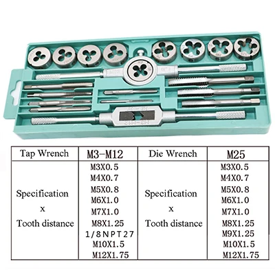 20 шт./компл. коснитесь набора пресс-форм, M3-M12 Резьбовая Метрическая кран гаечный ключ умирает DIY комплект ключ, дюймовый стандарт винтовой резьбы ручной инструмент сплава металла с сумкой в комплекте - Color: Silver style