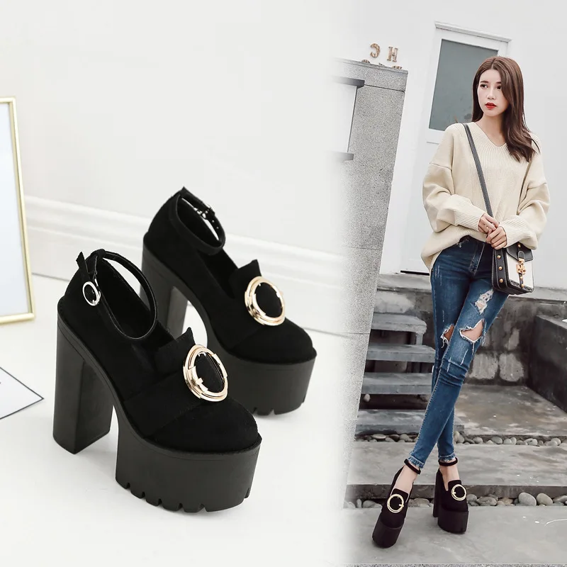 

Korean classic 15 cm super high heel thick bottom single shoes waterproof platform metal buckle high heels fashion women's shoes