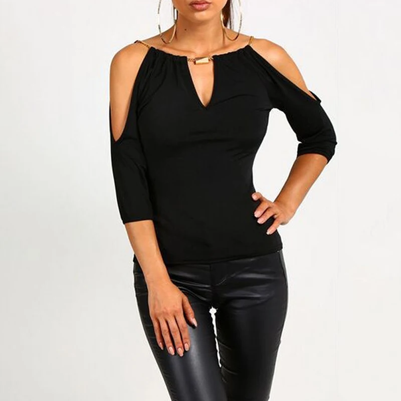 

Women Summer Beach Style Sexy Deep V-Neck Off-Shoulder T-Shirts Ladies Casual Slim Half Sleeve Black Halter Tops Tees Size S-XL