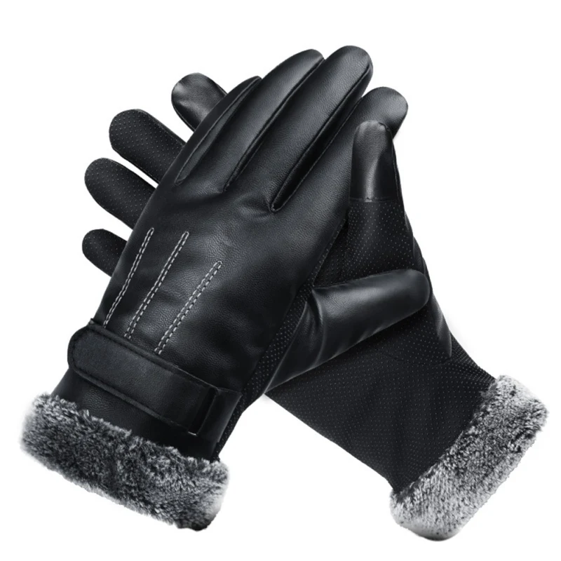 Перчатки для мужчин из искусственной кожи с толстым пушистым сенсорным экраном ветрозащитные регулируемые Теплые Перчатки для мотоциклистов guantes moto Новые - Цвет: A