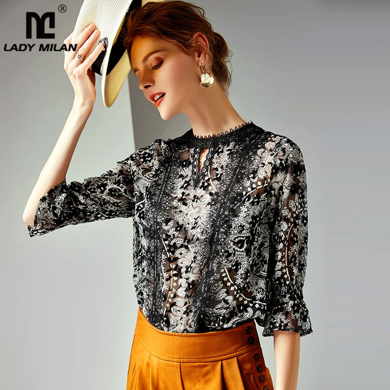 2019 Women's Runway Shirts O Neck Sexy Keyhole Lace Patchwork Printed Ruffles Elegant Blouse Tops |