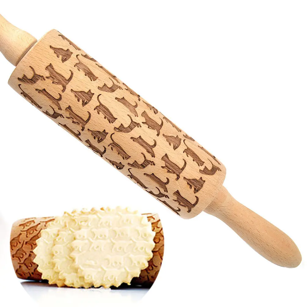 DIY Handmade Tools Cat Pattern Wooden Rolling Pin Laser Cut Kitchen Cake Decorating Chocolate Cookie Baking Noodle Accessories