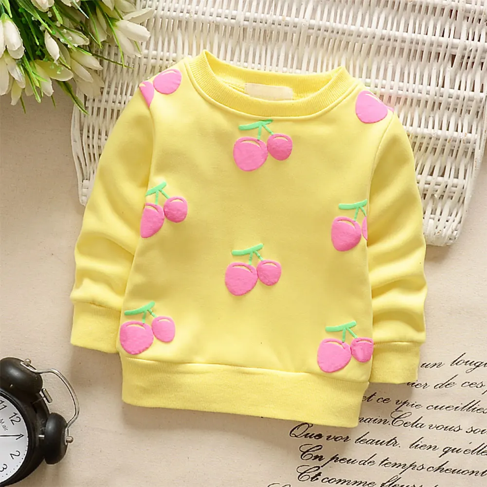 Toddler Baby Kids Girls Boys Autumn And Winter New Cherry Children Plus Velvet Long Sleeve Soft Warm Sweatshirt Tops