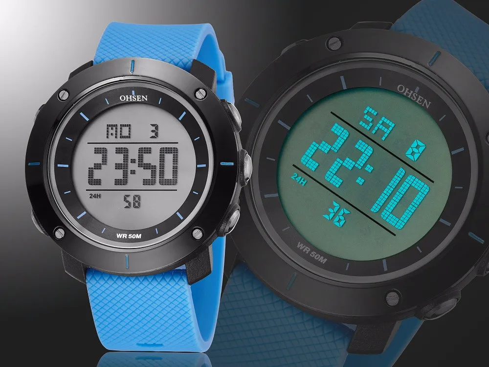 Мужские Цифровые Часы OHSEN Hombre в повседневном стиле, 50 м, мужские спортивные наручные часы с силиконовым ремешком, мужские часы