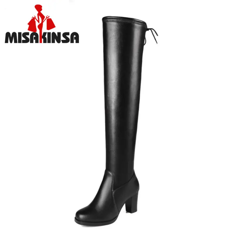 

FITWEE Women Natural Real Leather Over The Knee Boots Winter Boots Sexy Square Heel Zipper Women Boots Shoes Plus Size 31-45