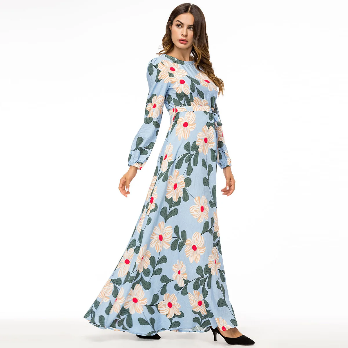

2018 Spring Flower Print Long Sleeve Women Dress Plus Size 4XL Women Maxi Dress Wiht Belt Women Long Dress Female Vestidos