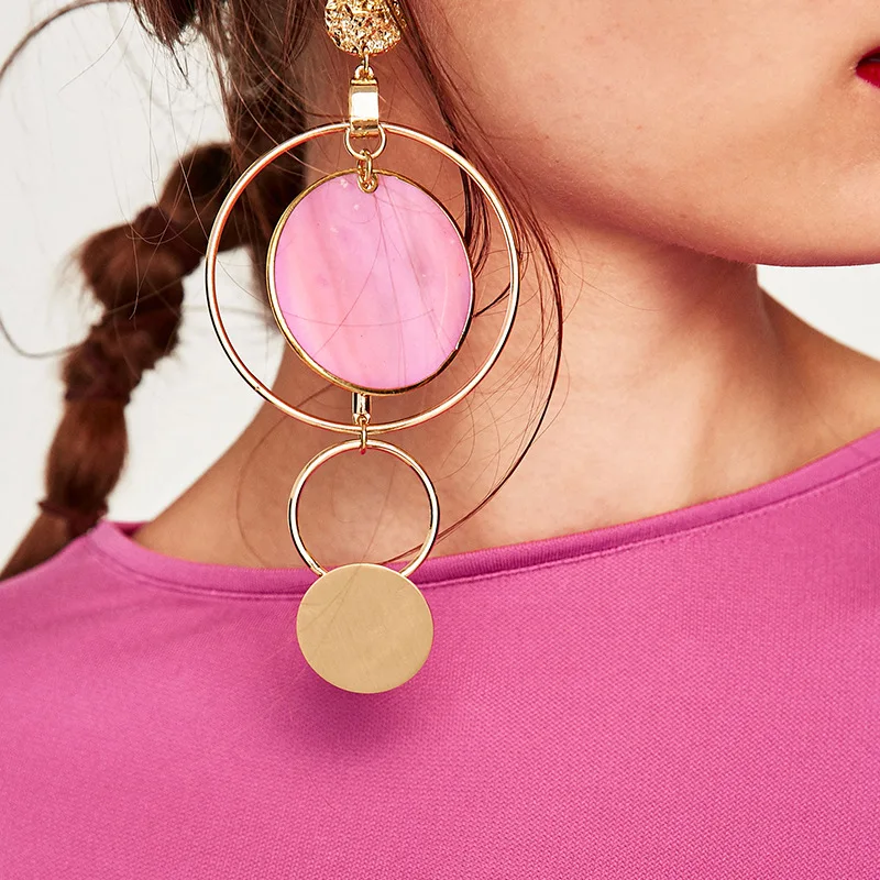 

SexeMara Korean Style Asymmetric Earrings Gold Color Big Hollow Round Circle Long Drop Earrings Women Fashion Ear Jewelry Gift